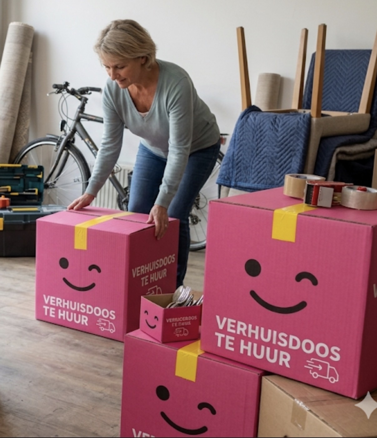 Vrouw pakt roze Deel-Doos verhuisdoos in tijdens verhuis